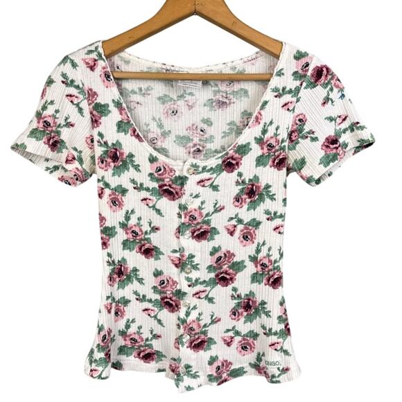 BONGO Tops - Y2K Bongo Blouse Floral Ribbed Knit Lace Neckline Button Front Size S Bohemian